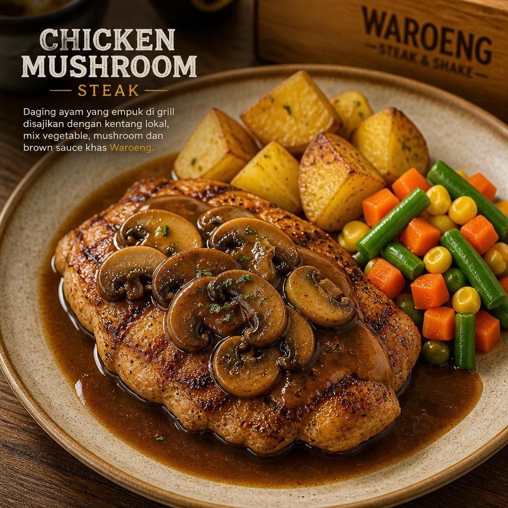 Chicken Mushroom dengan steak ayam grill, saus jamur, kentang lokal, dan sayuran